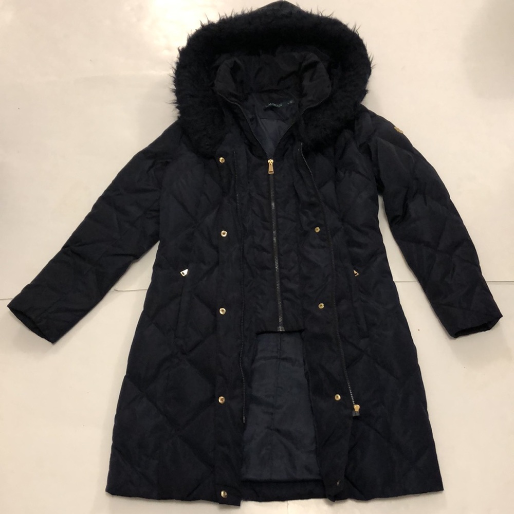 Ralph Lauren S Coat Dark Navy Blue Puffer Hood Faux Fur Dbl Closure Zipper Snaps